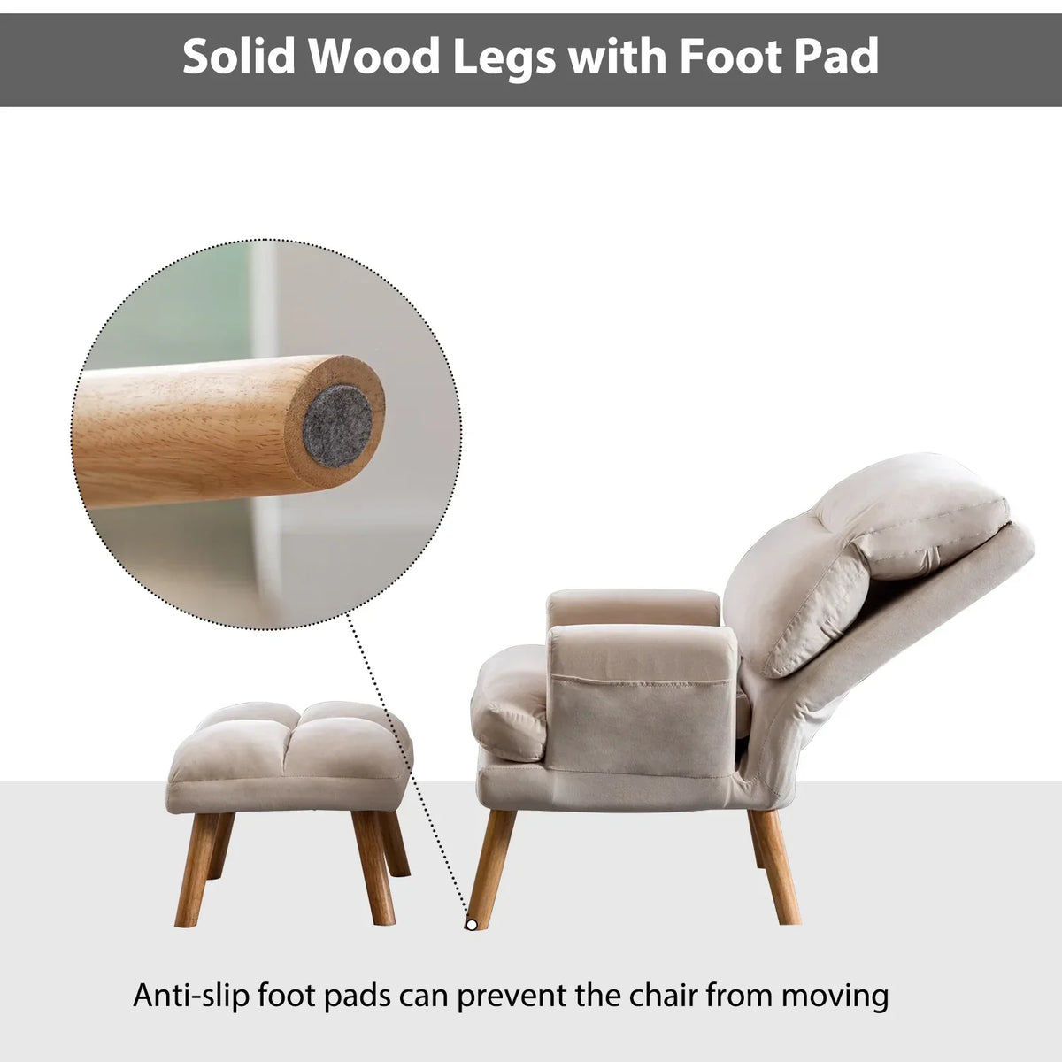 Nouveauté 2026 – Fauteuil d'appoint réglable Betier avec repose-pieds, fauteuil en velours pour chambre ou salon, fauteuil lounge confortable avec dossier rembourré et poche latérale, fauteuil de lecture moelleux, beige