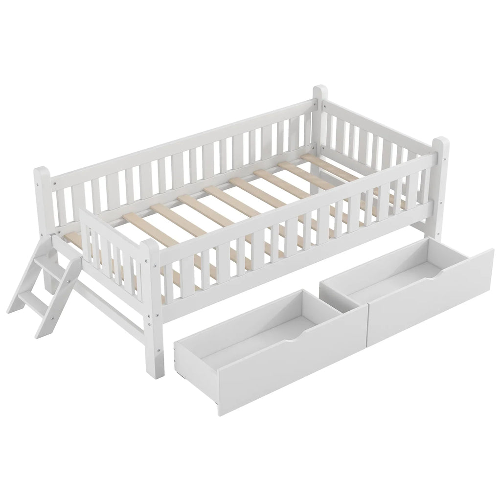 Nouveauté 2026 – Lit plateforme Euroco en bois, taille simple, avec 2 tiroirs et échelle, pour enfants et tout-petits, blanc