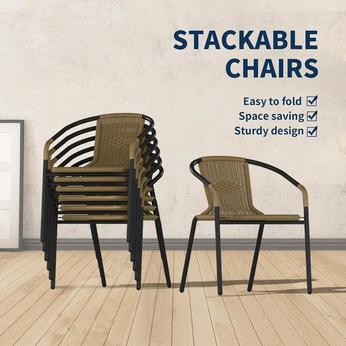 Nouveauté 2026 – Ensemble de 6 chaises de jardin ELPOSUN , chaises de patio en osier avec structure en métal, chaises empilables en rotin pour bistro, terrasse, jardin, porche, restaurant (noir