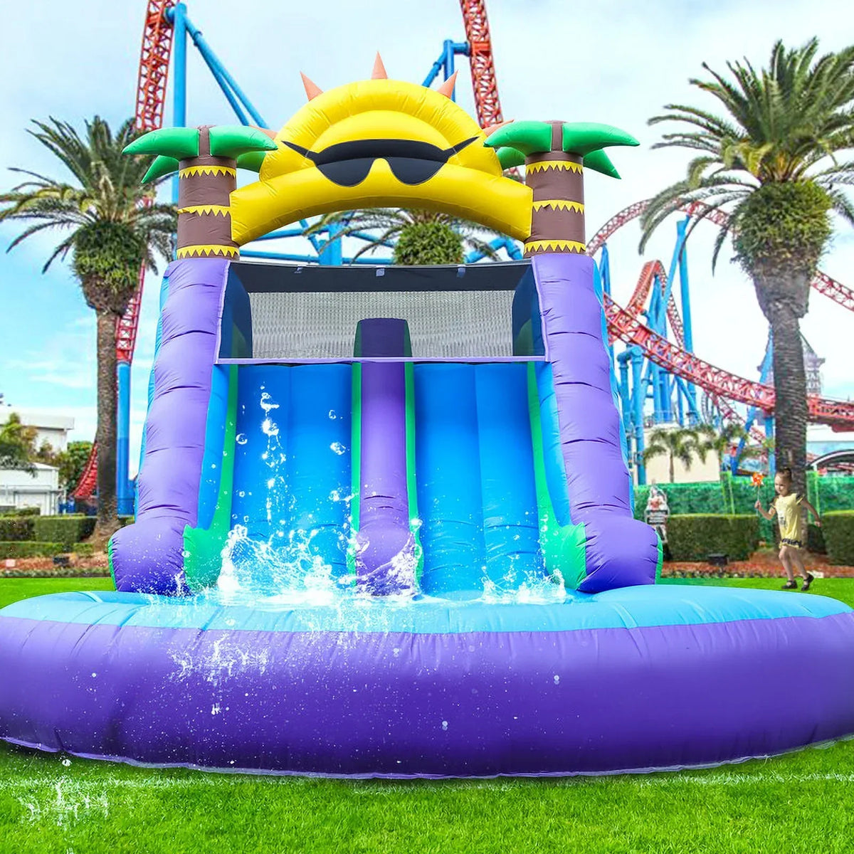 Nouveauté 2026 – Toboggan aquatique gonflable double Relunch (26 pi) pour enfants et adultes, parc aquatique gonflable en PVC avec souffleur, piscine géante pour s'amuser dans la cour et en plein air, 7,9 m (26 pi) L x 3,7 m (12 pi) l x 4,3 m (14 pi)