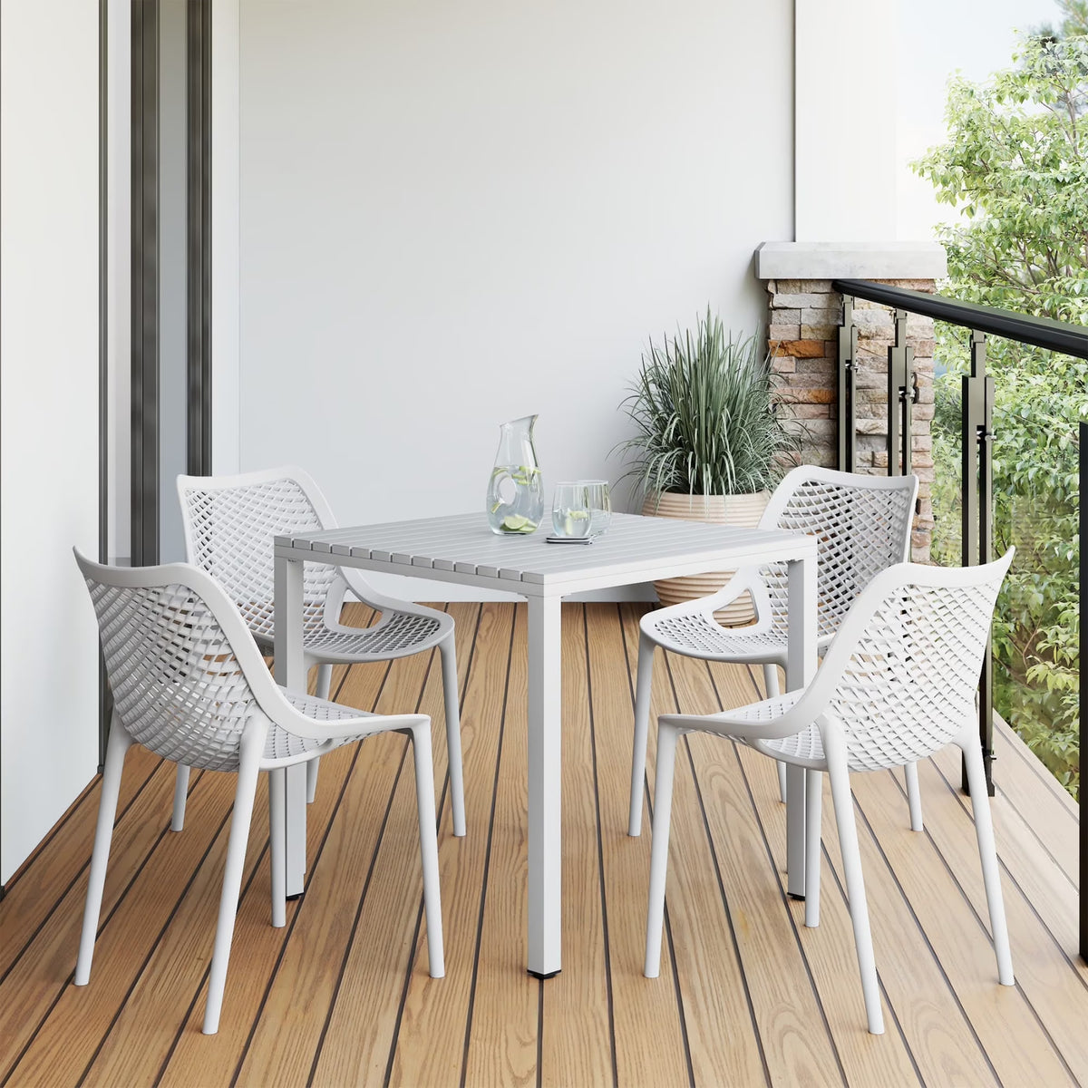 Nouveauté 2026 – Ensemble de salle à manger d'extérieur WestinTrends Playa 5 pièces avec table et chaises empilables, structure en métal, vert olive