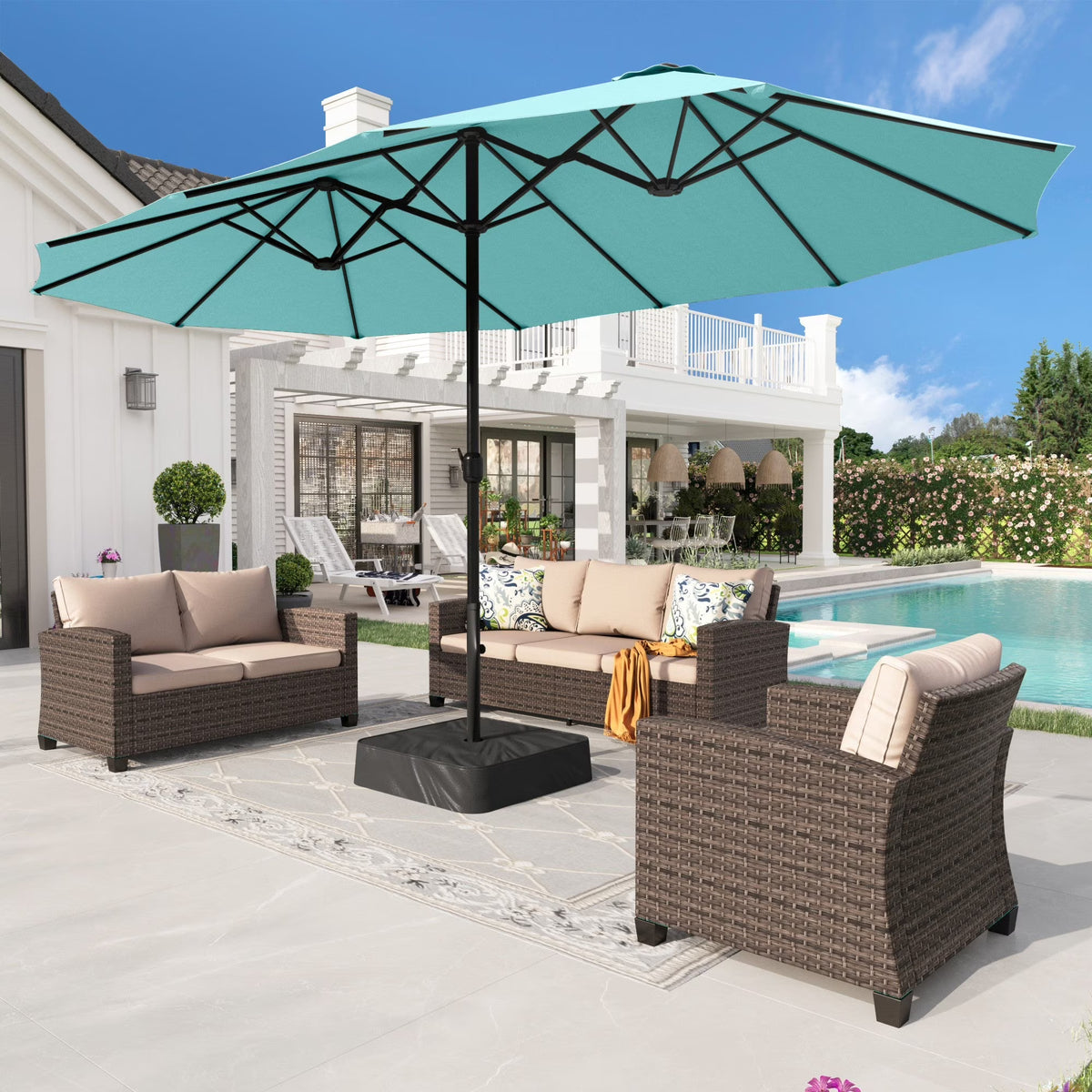 Nouveauté 2026 – Parasol de jardin extra-large Alpha Joy 4,57 m (15 pi) à double face avec manivelle et base - Gris fumé