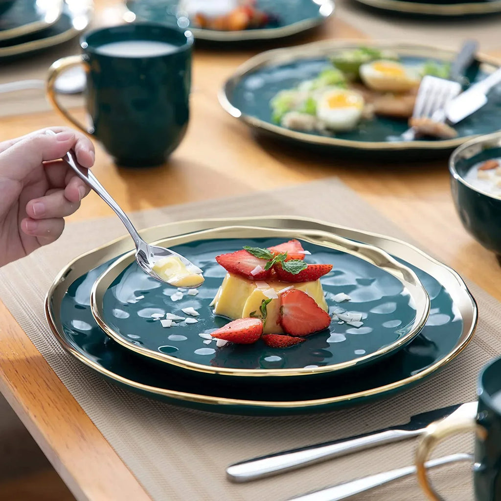 Nouveauté 2026 – Service de table LOVECASA , service en grès pour 8 personnes, 32 pièces, rond, vert foncé et or, collection Sweet