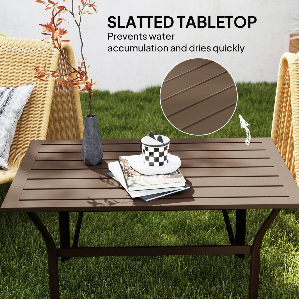 Nouveauté 2026 – Table basse d'extérieur Outsunny , table basse rectangulaire résistante aux intempéries pour patio, avec plateau à lattes, marron