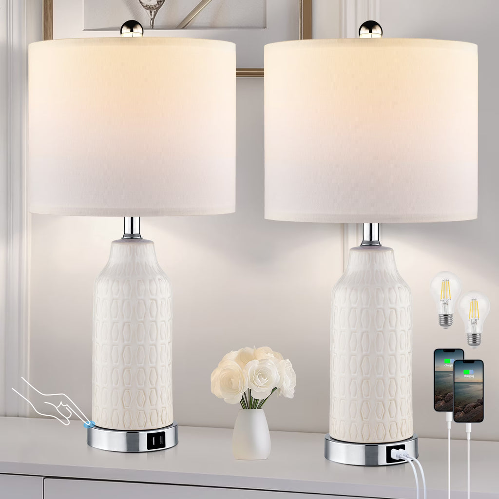 Nouveauté 2026 – Ensemble de 2 lampes de table Cinkeda pour salon et chambre à coucher, avec ports USB, prise secteur, intensité réglable à 3 niveaux, veilleuse tactile, style champêtre, motif floral blanc, lampes de chevet