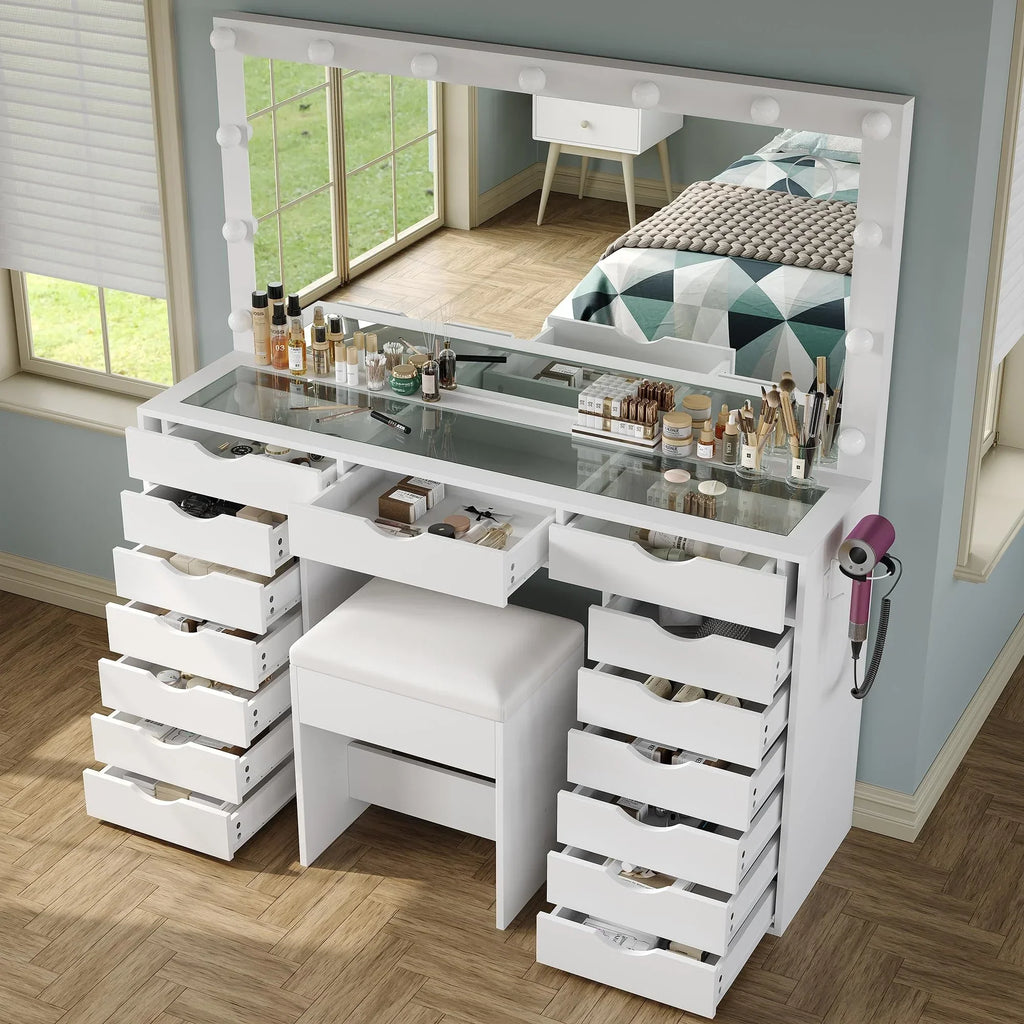 Nouveauté 2026 – Coiffeuse Yanosaku à 15 tiroirs avec prise électrique, miroir et 13 lumières LED, 3 modes d'éclairage de couleur, luminosité réglable, plateau en verre, ensemble coiffeuse pour chambre à coucher