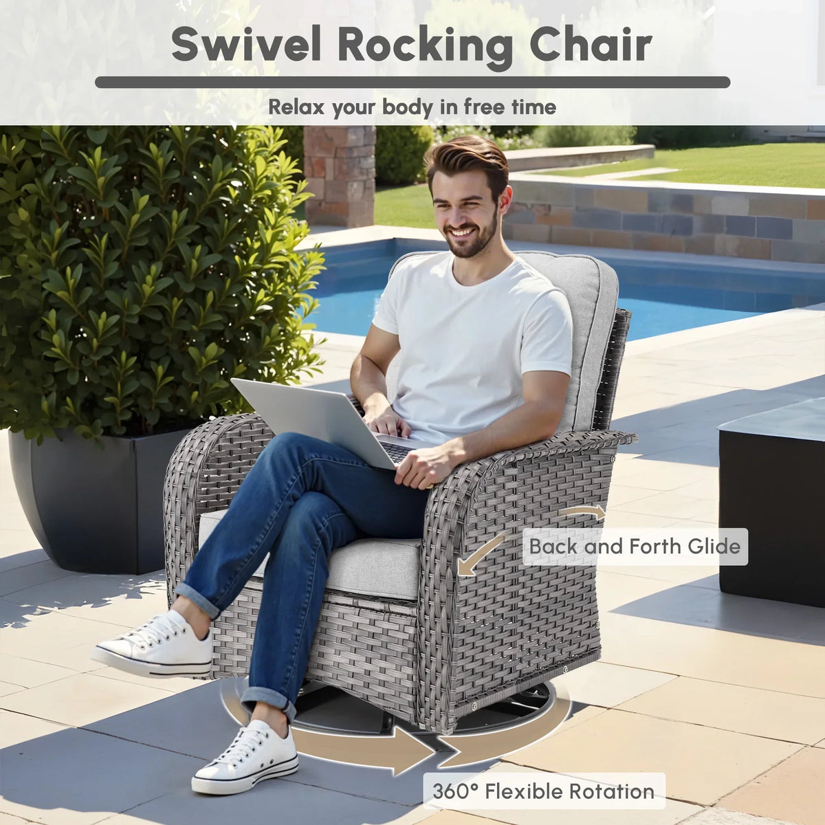 Nouveauté 2026 – Ensemble de mobilier de jardin 5 pièces Ovios , comprenant fauteuils pivotants et table basse, en résine tressée résistante aux intempéries, gris foncé