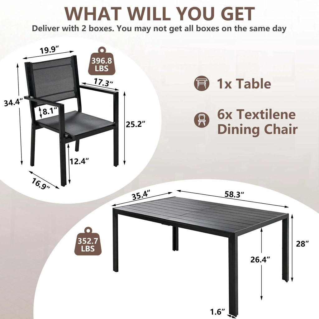 Nouveauté 2026 – Ensemble de salle à manger d'extérieur 7 pièces , comprenant une table et des chaises pour 6 personnes, un plateau en plastique imitation bois et un mobilier de jardin en textilène. Idéal pour terrasse ou patio