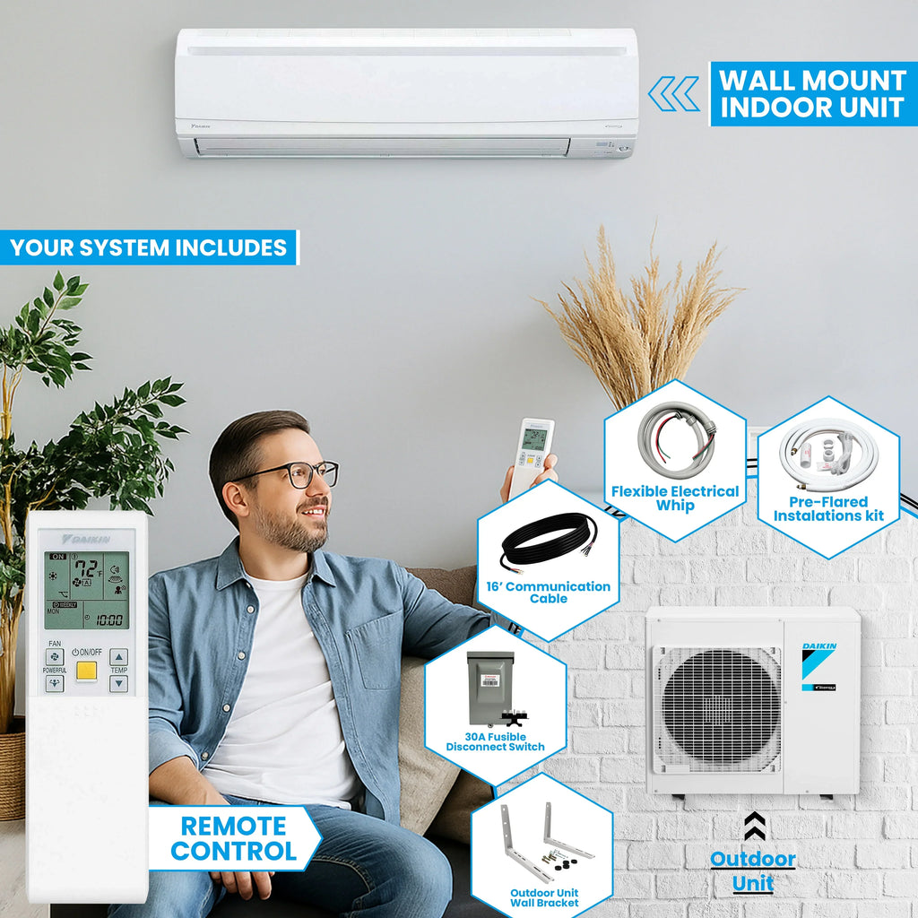 Nouveauté 2026 – Climatiseur mural Daikin série LV, mini-split sans conduit, 15 000 BTU, 20 SEER2, avec kit d'installation de 4,57 m (15 pi), support mural, flexible électrique de 12,7 mm (1/2 po) et fusible de 30 A (-230 V