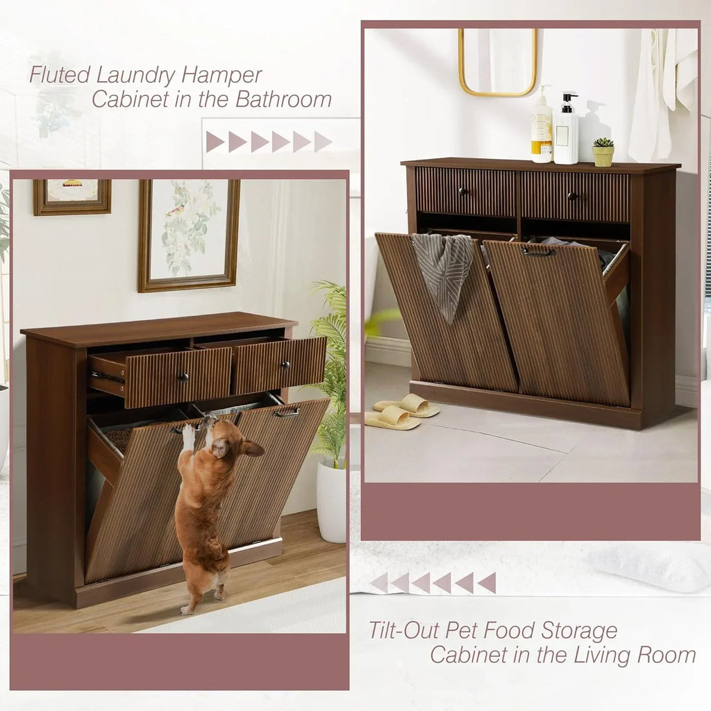 Nouveauté 2026 – Armoire à linge double basculante Haverchair , meuble poubelle moderne cannelé avec tiroir, meuble poubelle dissimulé en bois pour cuisine et salle de bain