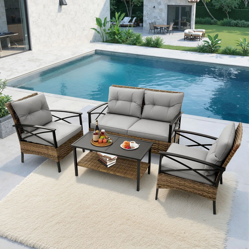 Nouveauté 2026 – Ensemble de mobilier de patio robuste , ensemble de conversation d'extérieur sectionnel 4 pièces, ensemble de canapé de patio en rotin PE marron avec coussins bleus