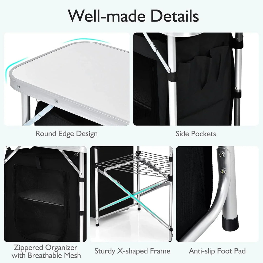 Nouveauté 2026 – Table de cuisine de camping Camping avec rangement, table de cuisson extérieure portable en aluminium avec pare-vent, table de camping pliable pour barbecue, grillades, fêtes et pique-niques