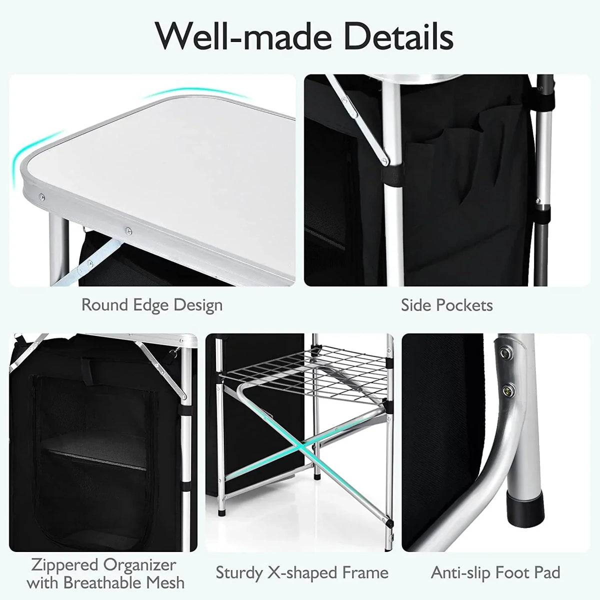 Nouveauté 2026 – Table de cuisine de camping Camping avec rangement, table de cuisson extérieure portable en aluminium avec pare-vent, table de camping pliable pour barbecue, grillades, fêtes et pique-niques