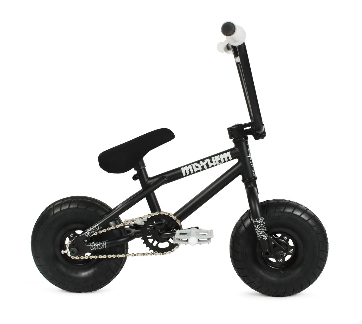 Nouveauté 2026 – Mini BMX Riot 10" à pneus larges Mayhem (Riot Black Widow), modèle , pédalier monobloc, dernier modèle pour figures acrobatiques