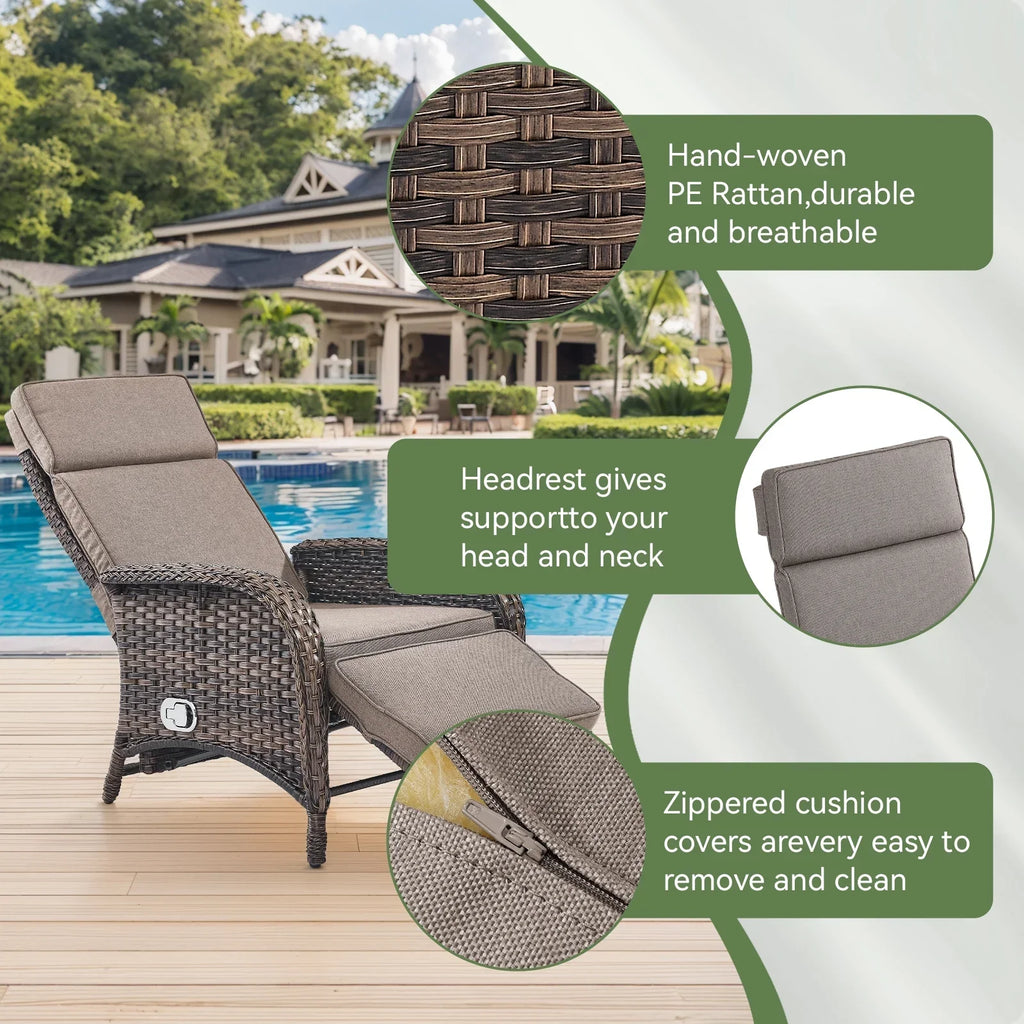 Nouveauté 2026 – Fauteuil inclinable d'extérieur OPOHORO , chaise longue de patio inclinable réglable avec coussin, en osier, avec dossier et repose-pieds réglables, idéal pour le bord de la piscine, beige