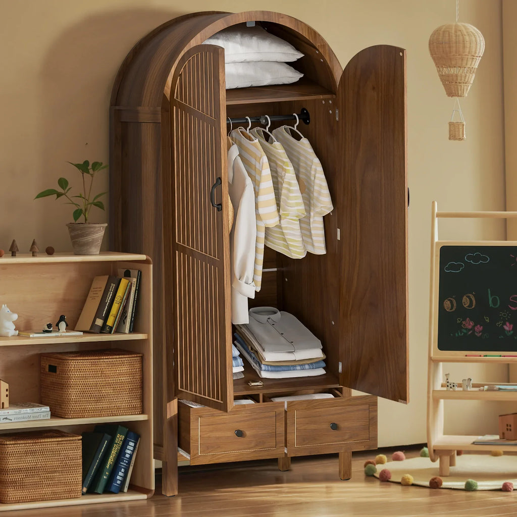 Nouveauté 2026 – Armoire-penderie cintrée Oubayajia avec portes cannelées, en bois, avec tiroirs, étagères et tringle pour chambre à coucher