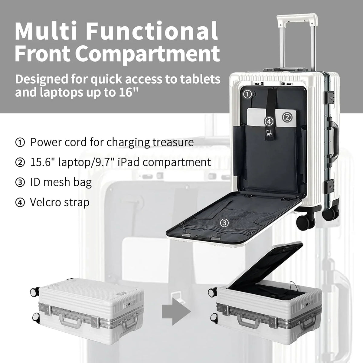 Nouveauté 2026 – Nouvelle valise cabine avec port de chargement USB, compartiment avant, serrure TSA, valise rigide cabine approuvée par les compagnies aériennes avec roulettes multidirectionnelles (grise, 20 pouces
