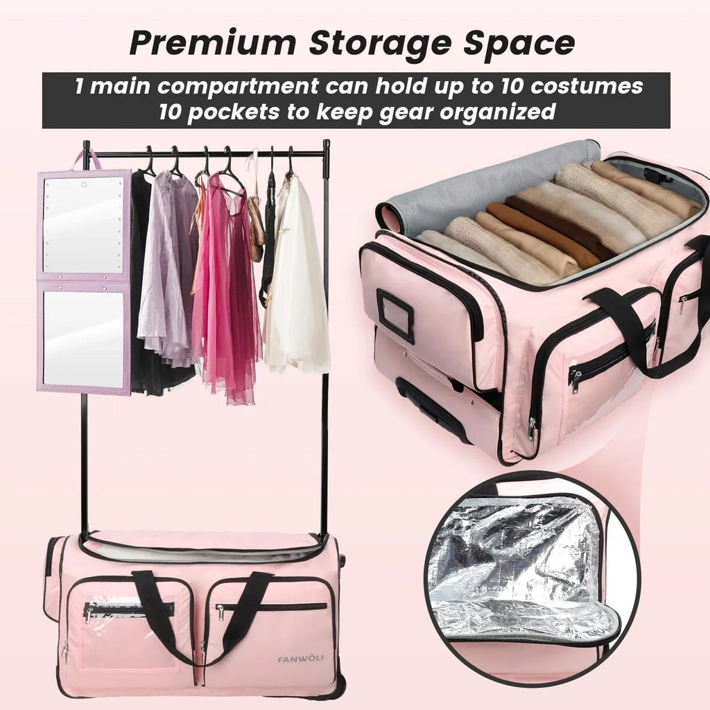 Nouveauté 2026 – Sac de danse Fegat avec portant - Sac de danse pliable à roulettes de 71 cm (28 pouces) pour compétitions, danse, spectacles, streamers et athlètes. Valise légère à roulettes