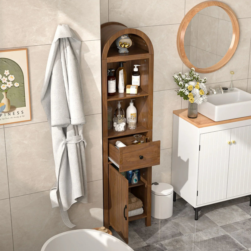 Nouveauté 2026 – Armoires de rangement hautes pour salle de bain Fiogmub avec portes et étagères, armoire à linge haute et étroite avec tiroir