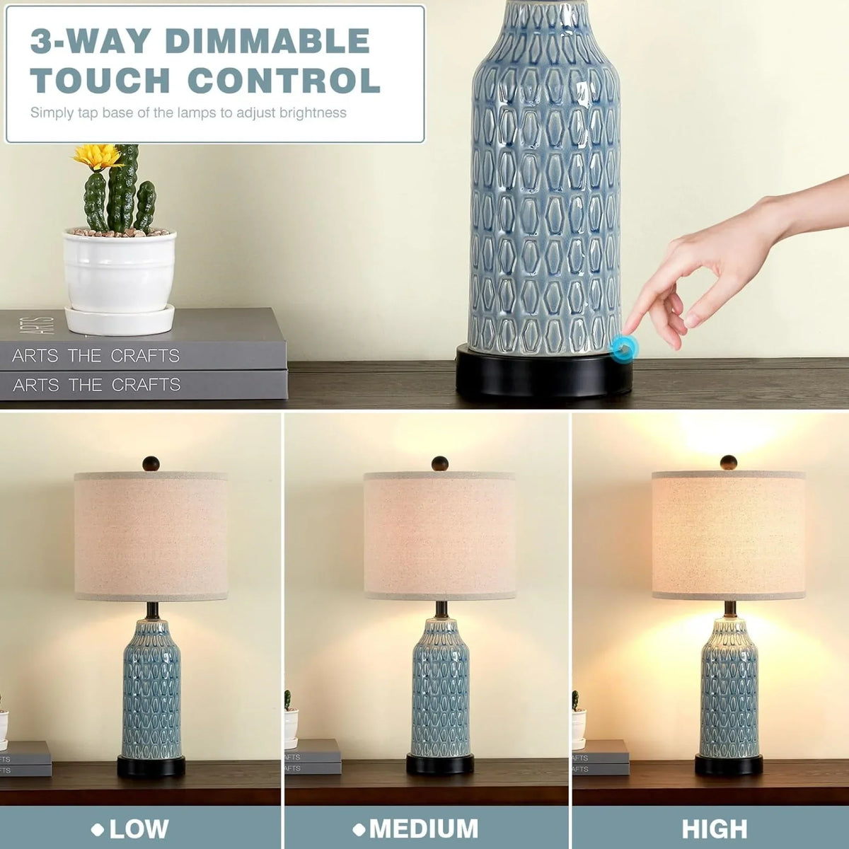 Nouveauté 2026 – Ensemble de 2 lampes de table Cinkeda pour salon et chambre à coucher, avec ports USB, prise secteur, intensité réglable à 3 niveaux, veilleuse tactile, style champêtre, motif floral blanc, lampes de chevet