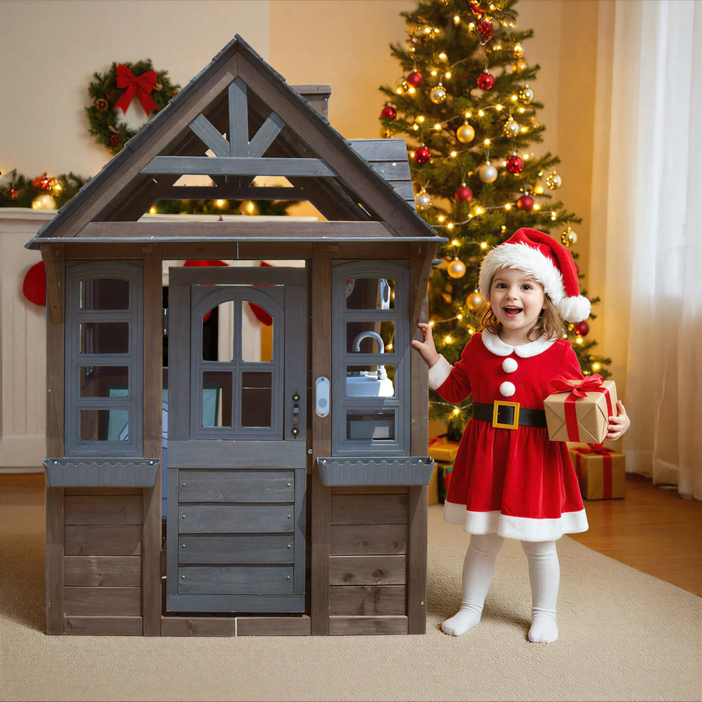 Nouveauté 2026 – Maisonnette d'extérieur COCLUB pour enfants de 4 à 8 ans, en bois, avec sonnette, téléphone et jouets de cuisine. Dimensions : 114 cm (L) x 165 cm (H). Couleurs : blanc et noir