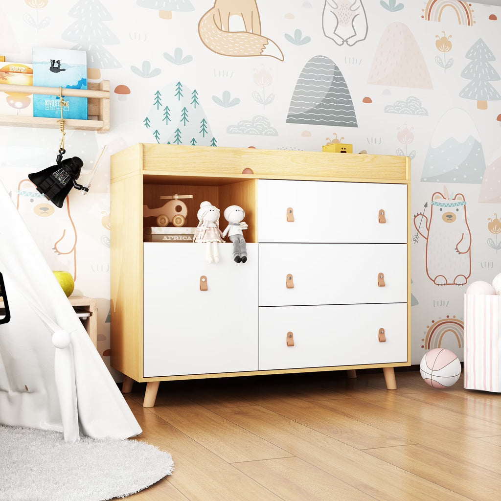 Nouveauté 2026 – Table à langer/commode pour chambre de bébé OXYLIFE , 114 cm (45 po), avec 4 tiroirs et une étagère, blanche