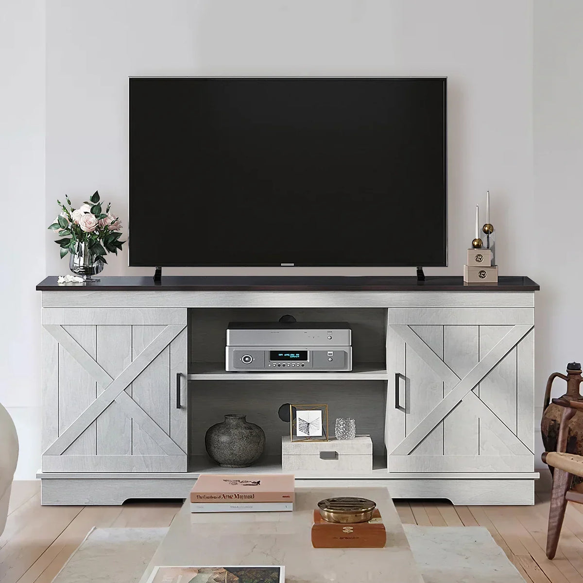 Nouveauté 2026 – Meuble TV Dextrus Farmhouse pour téléviseur 65 pouces, centre multimédia pour salon, meuble console TV, gris délavé