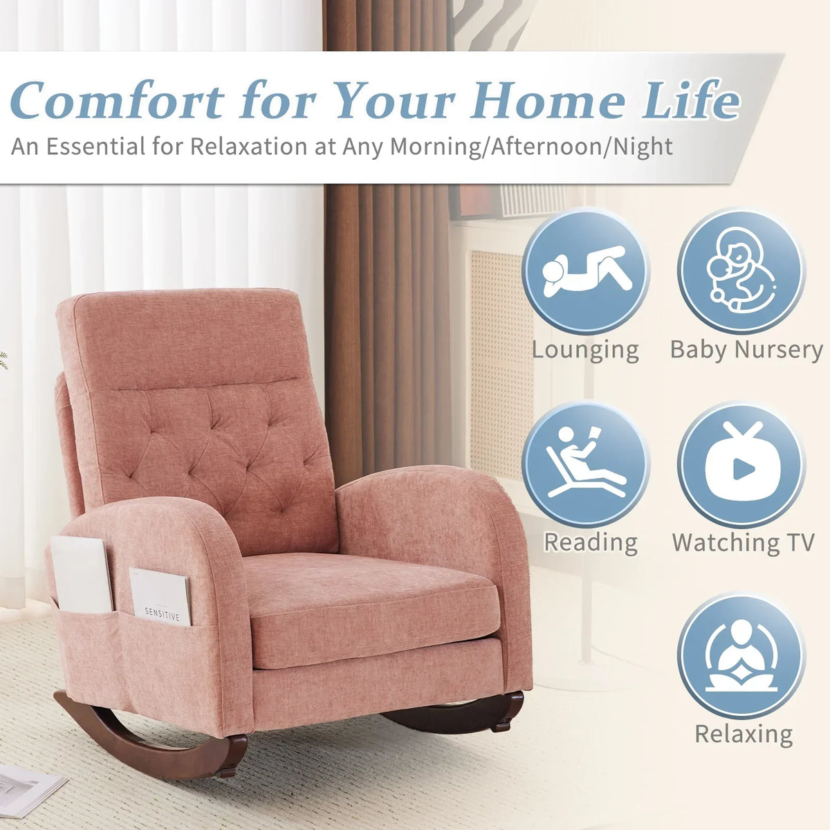 Nouveauté 2026 – Fauteuil à bascule Ktaxon , fauteuil de lecture inclinable, confortable, revêtu de velours peluche, canapé à bascule une place, beige, idéal pour le salon, la chambre d'enfant ou la chambre à coucher