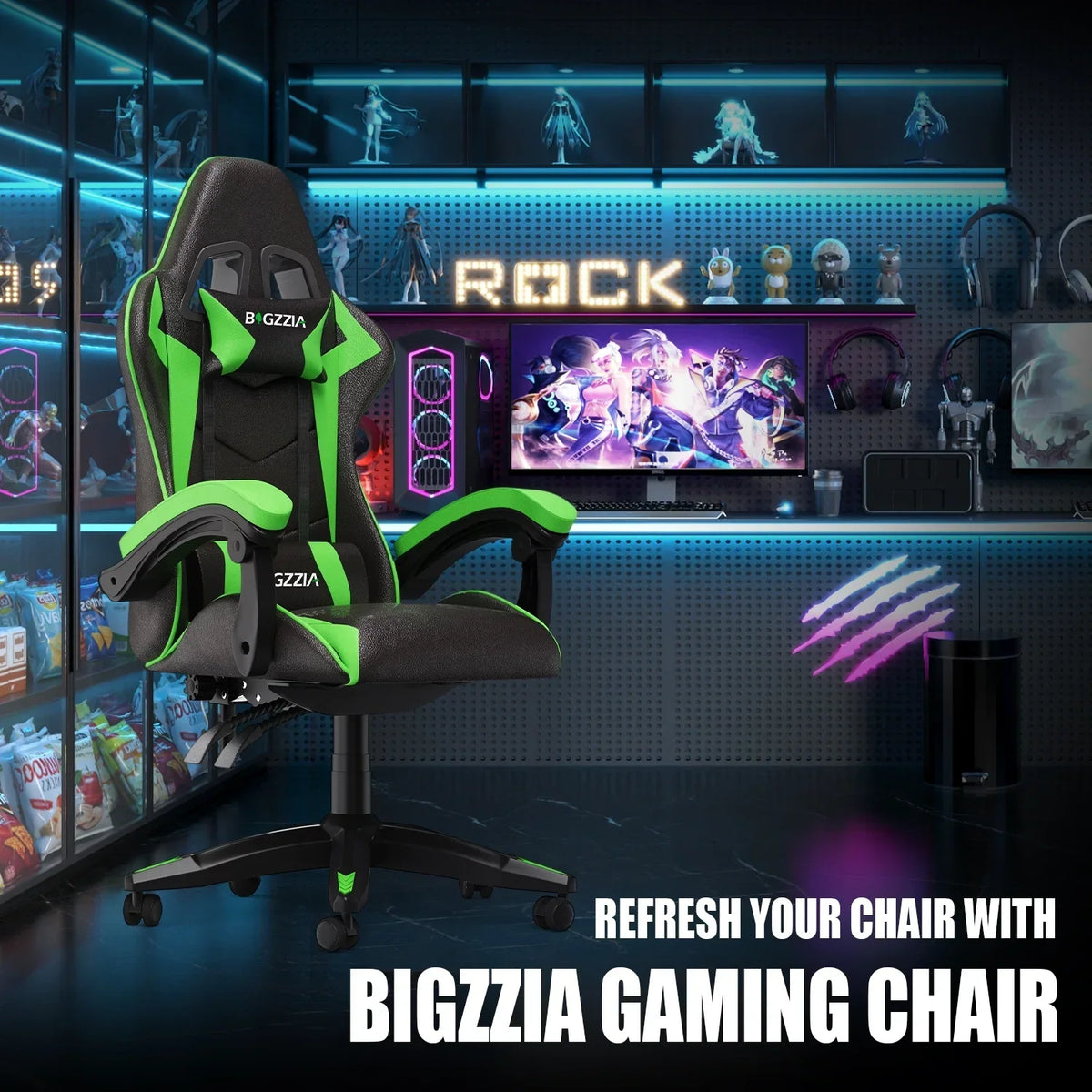 Nouveauté 2026 – Chaise de jeu Bigzzia , chaise de bureau ergonomique avec appui-tête et soutien lombaire réglables en hauteur, pour adultes et adolescents, noir et blanc