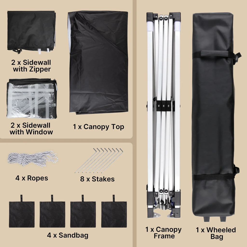 Nouveauté 2026 – Tente pliante 3 x 3 m avec 4 parois latérales amovibles – Tente extérieure portable Lofka avec 4 sacs de sable, 8 piquets et cordes – Idéale pour la plage, les fêtes, la terrasse et le jardin, noire