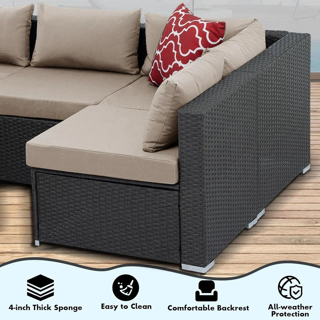 Nouveauté 2026 – Ensemble de mobilier de patio 7 pièces , canapé d'angle en rotin PE, ensemble de conversation avec coussins et table basse en verre, pour balcon, pelouse et jardin, gris