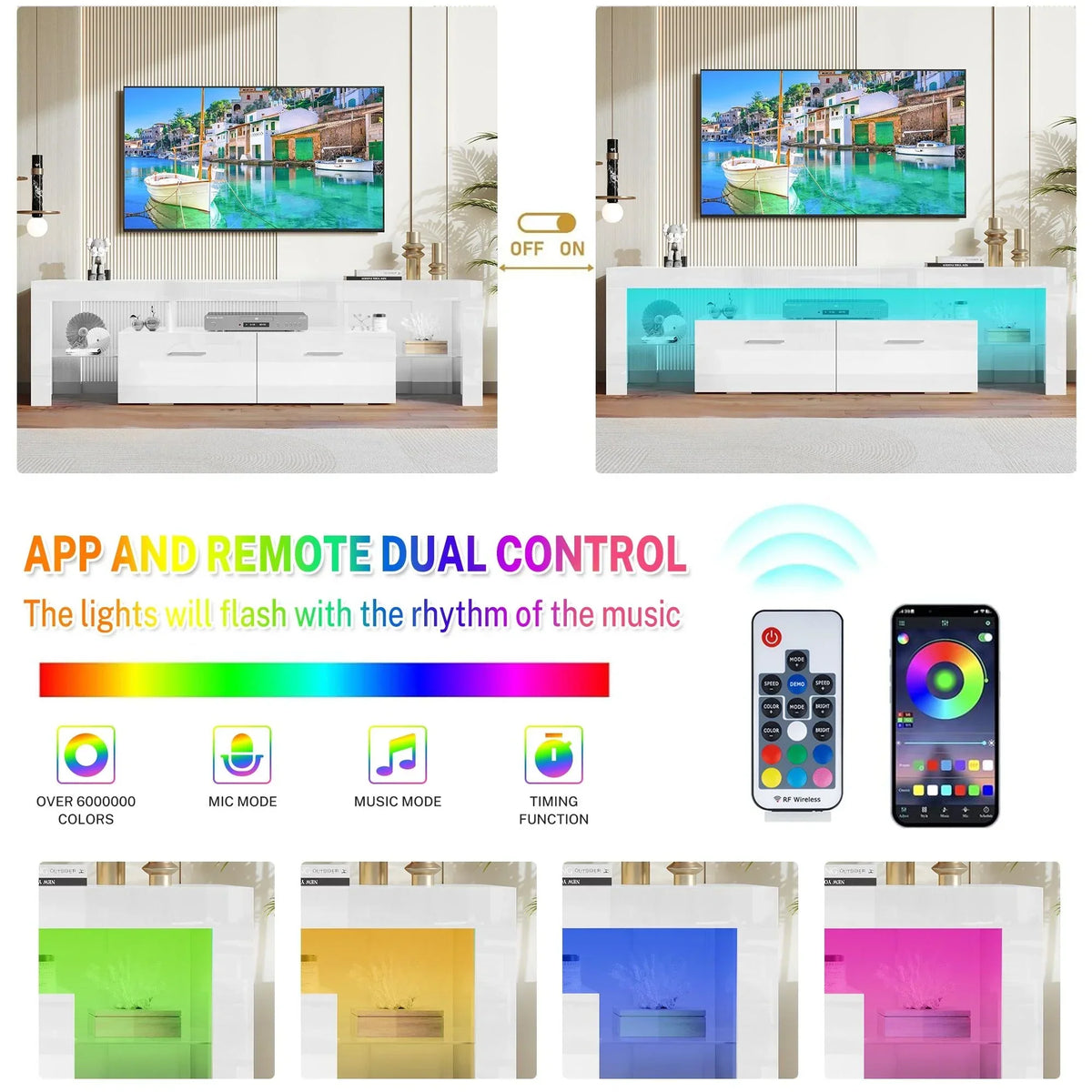 Nouveauté 2026 – Meuble TV PAPROOS pour téléviseurs jusqu'à 70 pouces, finition laquée brillante avec éclairage LED, console TV moderne avec tiroirs de rangement, meuble multimédia, blanc