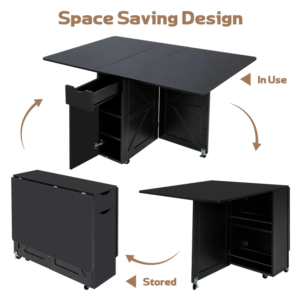 Nouveauté 2026 – Table de salle à manger pliante spanspace , table à abattants avec 6 roulettes et étagère de rangement à 2 niveaux, table gain de place pour petits espaces, table de cuisine pliante, blanche