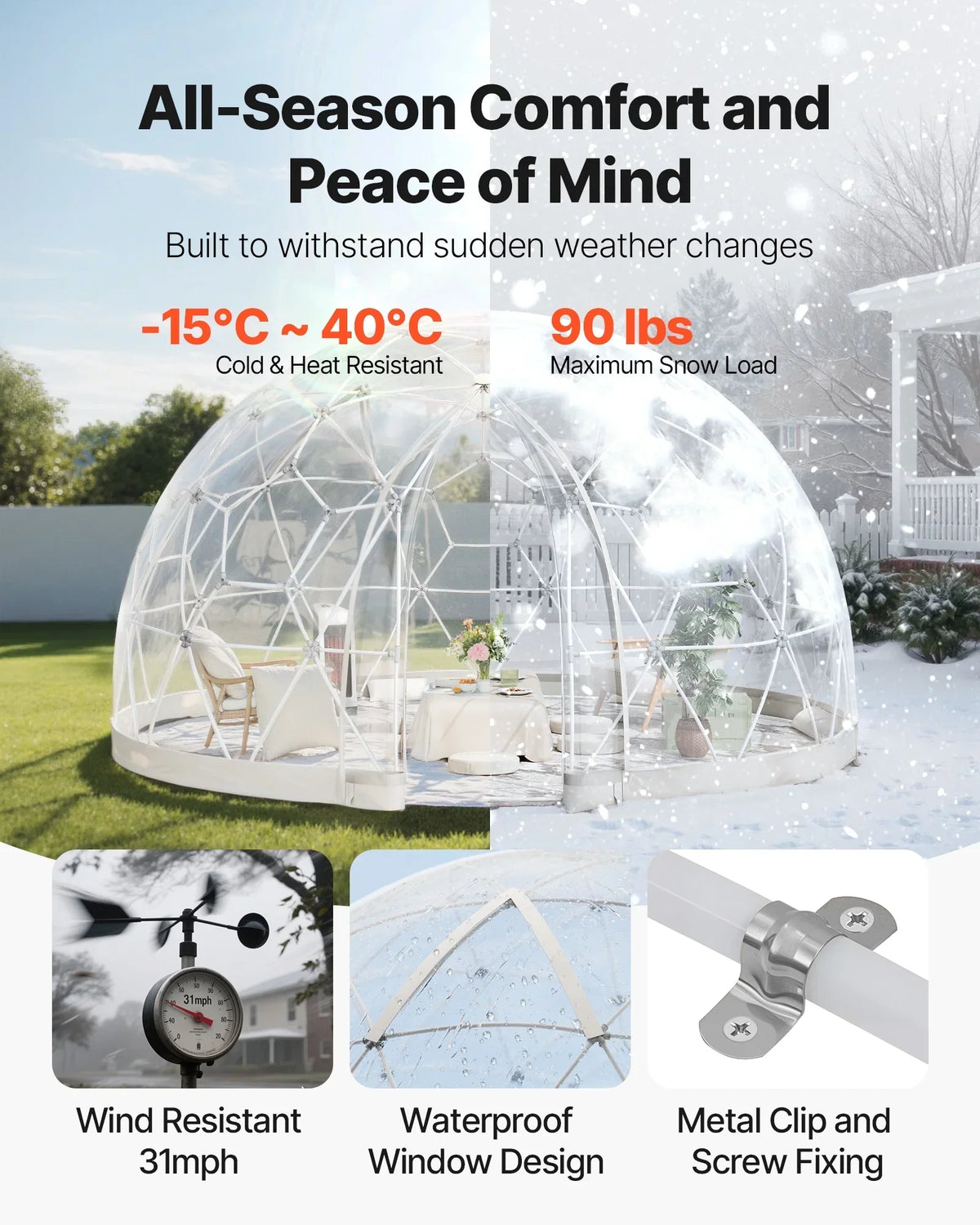 Nouveauté 2026 – Tente dôme de jardin VEVOR , 3,66 x 2,20 m, tente bulle transparente d'extérieur pour 4 à 7 personnes, serre géodésique résistante aux intempéries avec fenêtre, tentes igloo en PVC pour jardin, terrasse, camping, fêtes et mariages