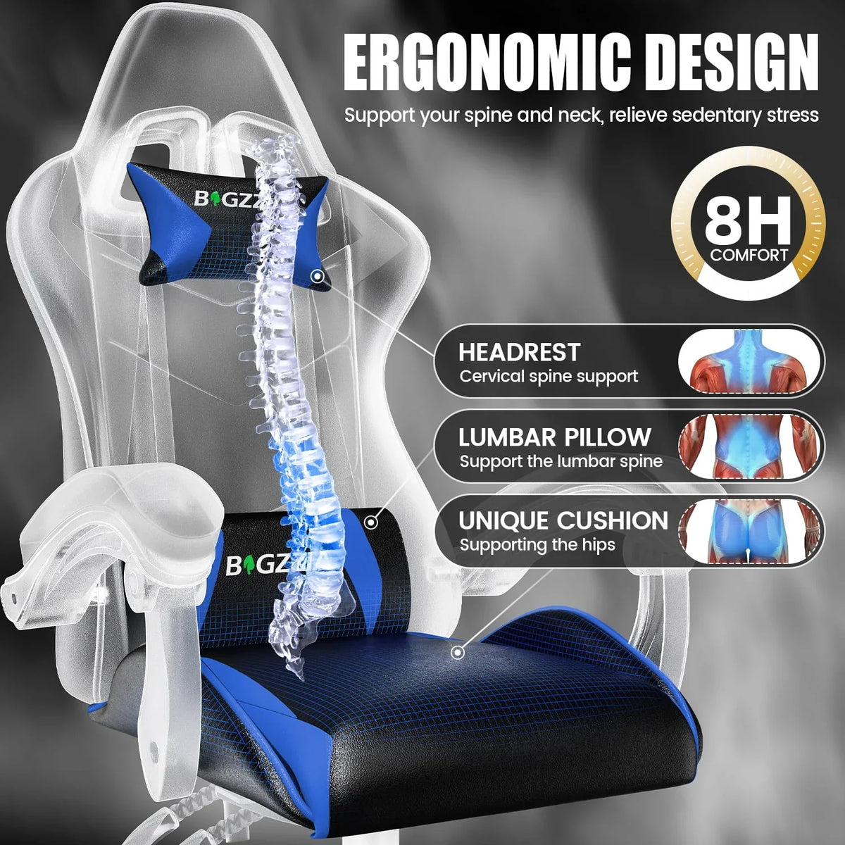 Nouveauté 2026 – Chaise de jeu Bigzzia , chaise de bureau ergonomique avec appui-tête et soutien lombaire réglables en hauteur, pour adultes et adolescents, noir et blanc