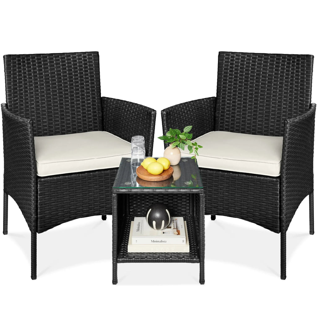 Nouveauté 2026 – Ensemble bistro de jardin 3 pièces en résine tressée Best Choice Products , avec 2 chaises et une table - Gris/Bleu marine