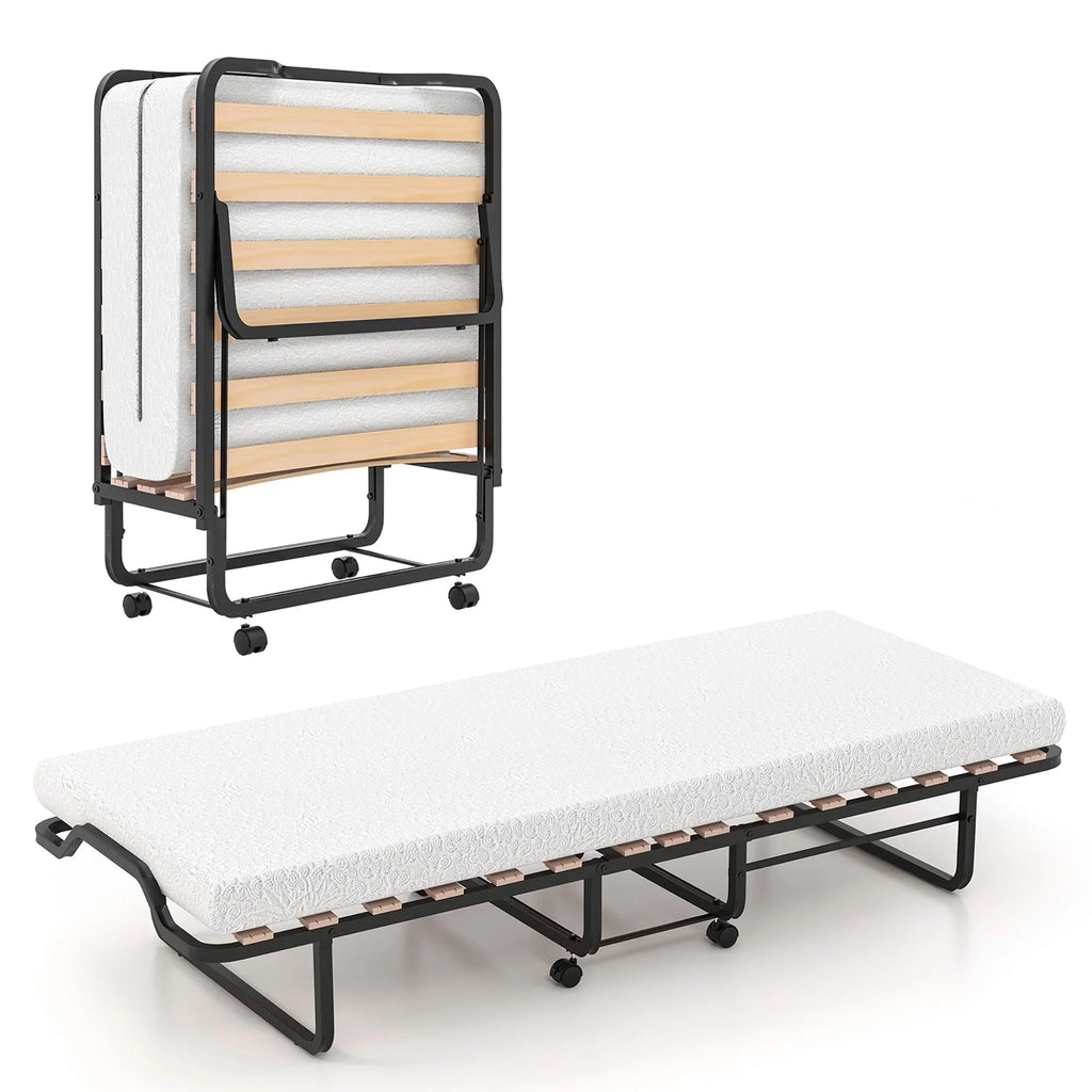 Nouveauté 2026 – Lit d'appoint pliable et portable Gymax avec sommier à lattes en bois massif et cadre en métal, sur roulettes, pour adultes