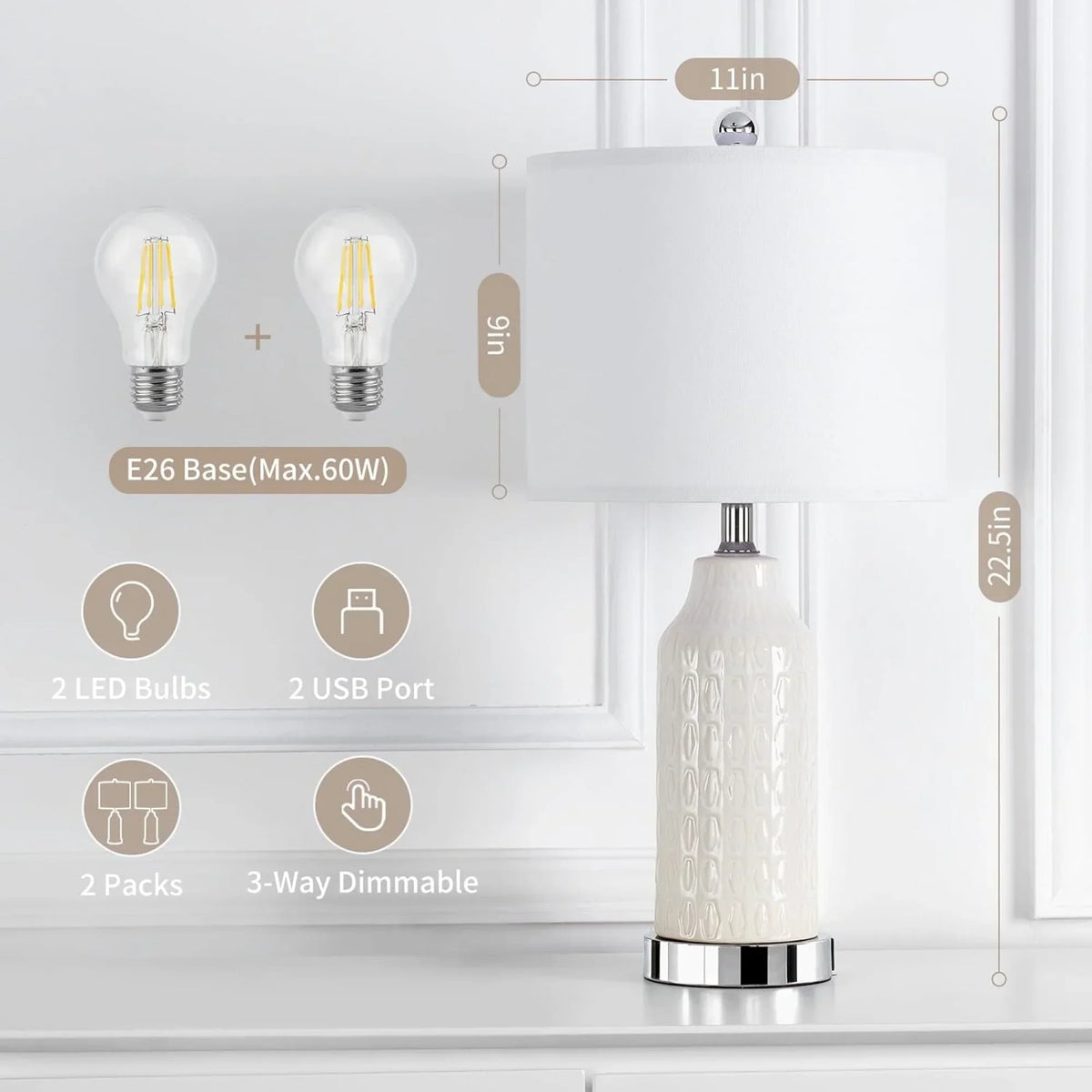 Nouveauté 2026 – Ensemble de 2 lampes de table Cinkeda pour salon et chambre à coucher, avec ports USB, prise secteur, intensité réglable à 3 niveaux, veilleuse tactile, style champêtre, motif floral blanc, lampes de chevet