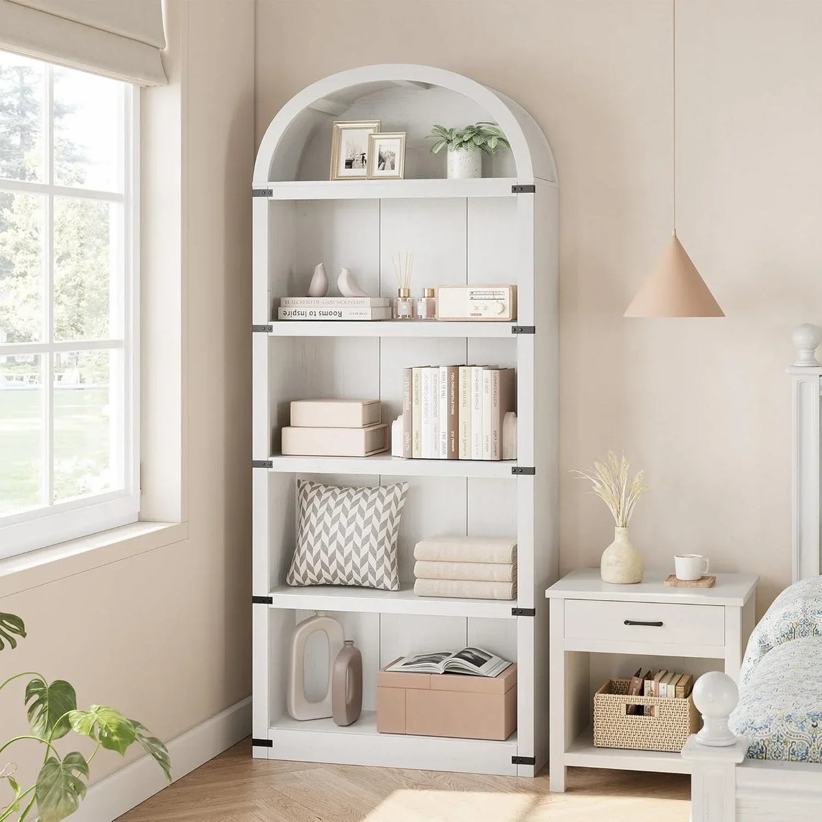 Nouveauté 2026 – Bibliothèque arquée à 5 étagères, 182 cm de haut, style ferme, étagère de rangement en bois pour la maison, le bureau ou le salon (blanche