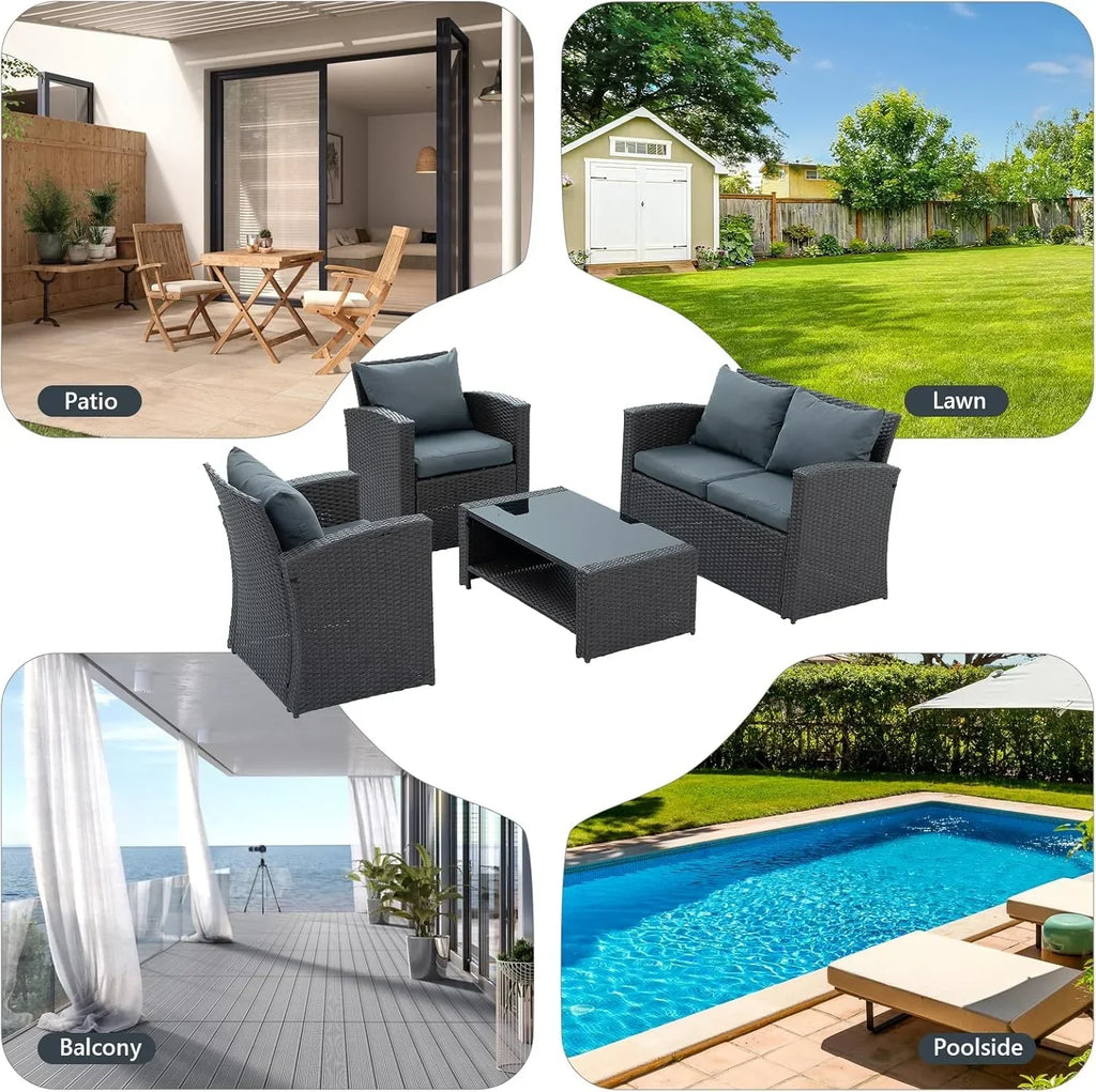 Nouveauté 2026 – Ensemble de mobilier de patio 7 pièces , canapé d'angle en rotin PE, ensemble de conversation avec coussins et table basse en verre, pour balcon, pelouse et jardin, gris