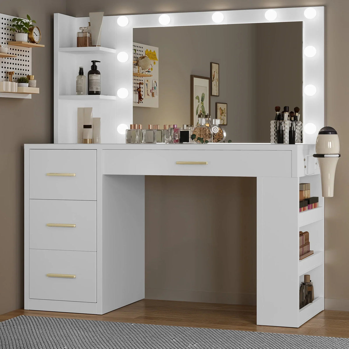 Nouveauté 2026 – Coiffeuse Uforic avec miroir et éclairage, 4 tiroirs et étagères de rangement - Blanche