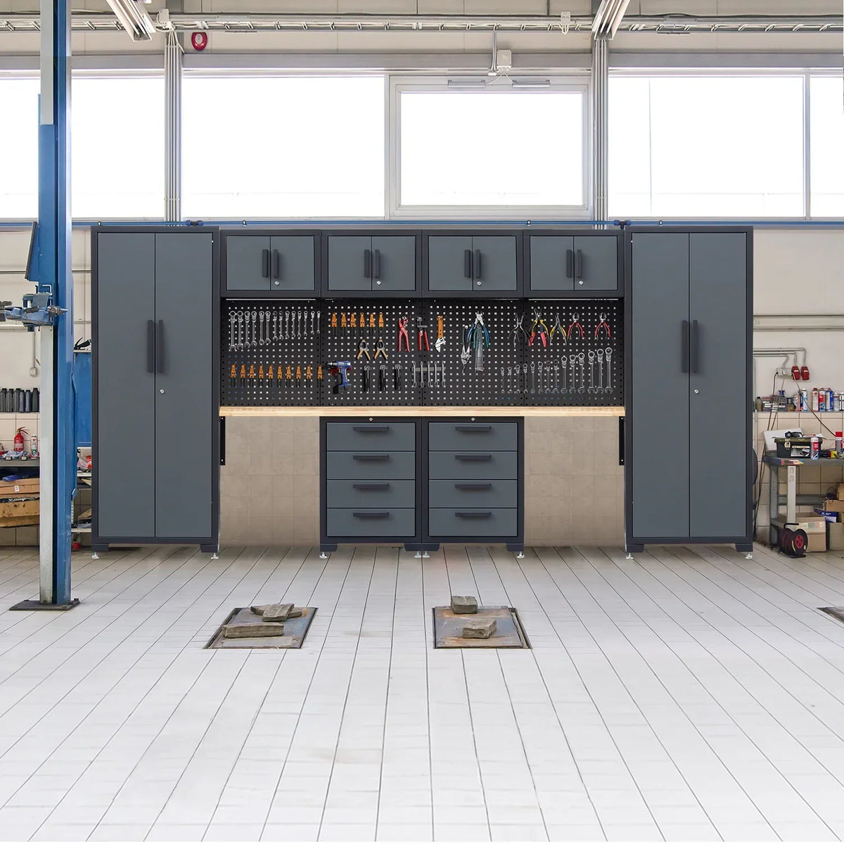 Nouveauté 2026 – Système d'armoires de rangement pour garage HPDMC , ensemble d'atelier 7 pièces comprenant des armoires métalliques, des tiroirs en acier, un établi et un panneau perforé pour l'organisation des outils de garage