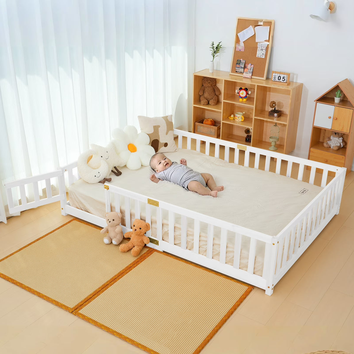 Nouveauté 2026 – Lit de sol Montessori pour tout-petits (taille jumelle), cadre de lit en bois massif avec barrière et porte, pour filles et garçons
