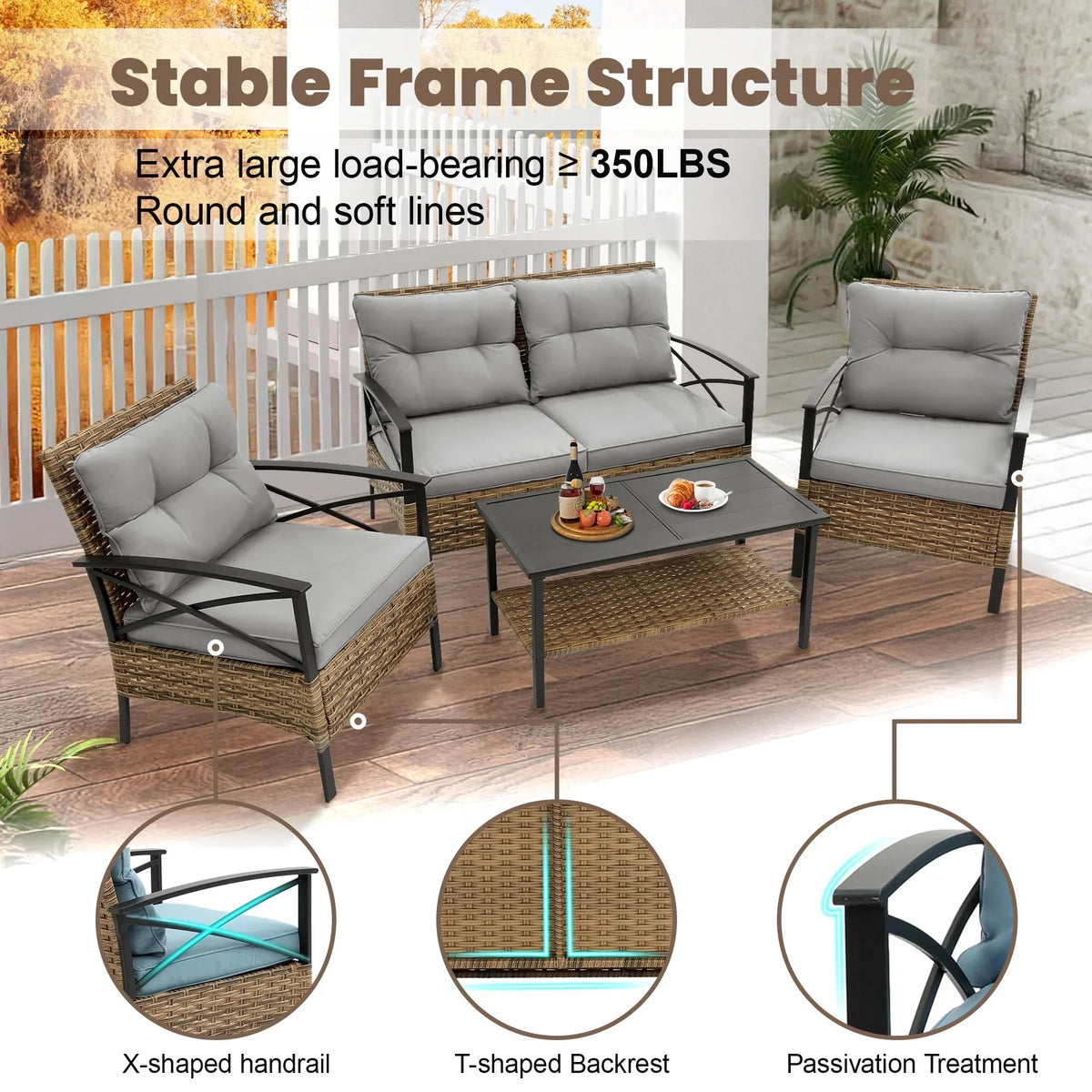 Nouveauté 2026 – Ensemble de mobilier de patio robuste , ensemble de conversation d'extérieur sectionnel 4 pièces, ensemble de canapé de patio en rotin PE marron avec coussins bleus
