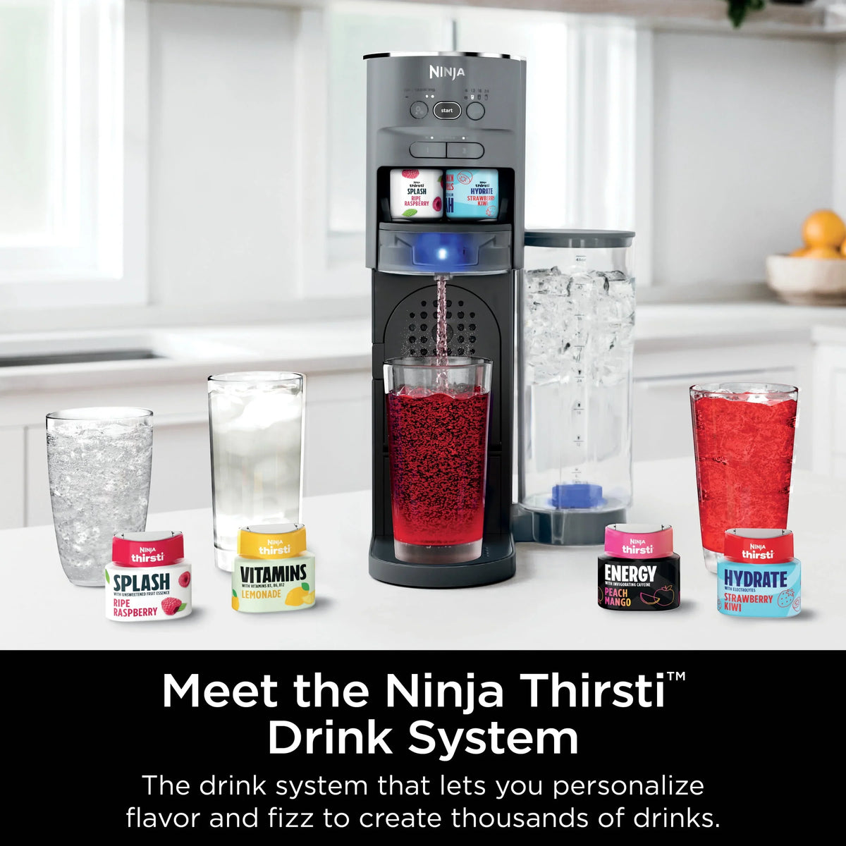 Nouveauté 2026 – Système de boissons Ninja Thirsti : kit complet de personnalisation pour boissons plates et gazeuses avec cartouche de CO2, arômes et réservoir de 1,4 litre