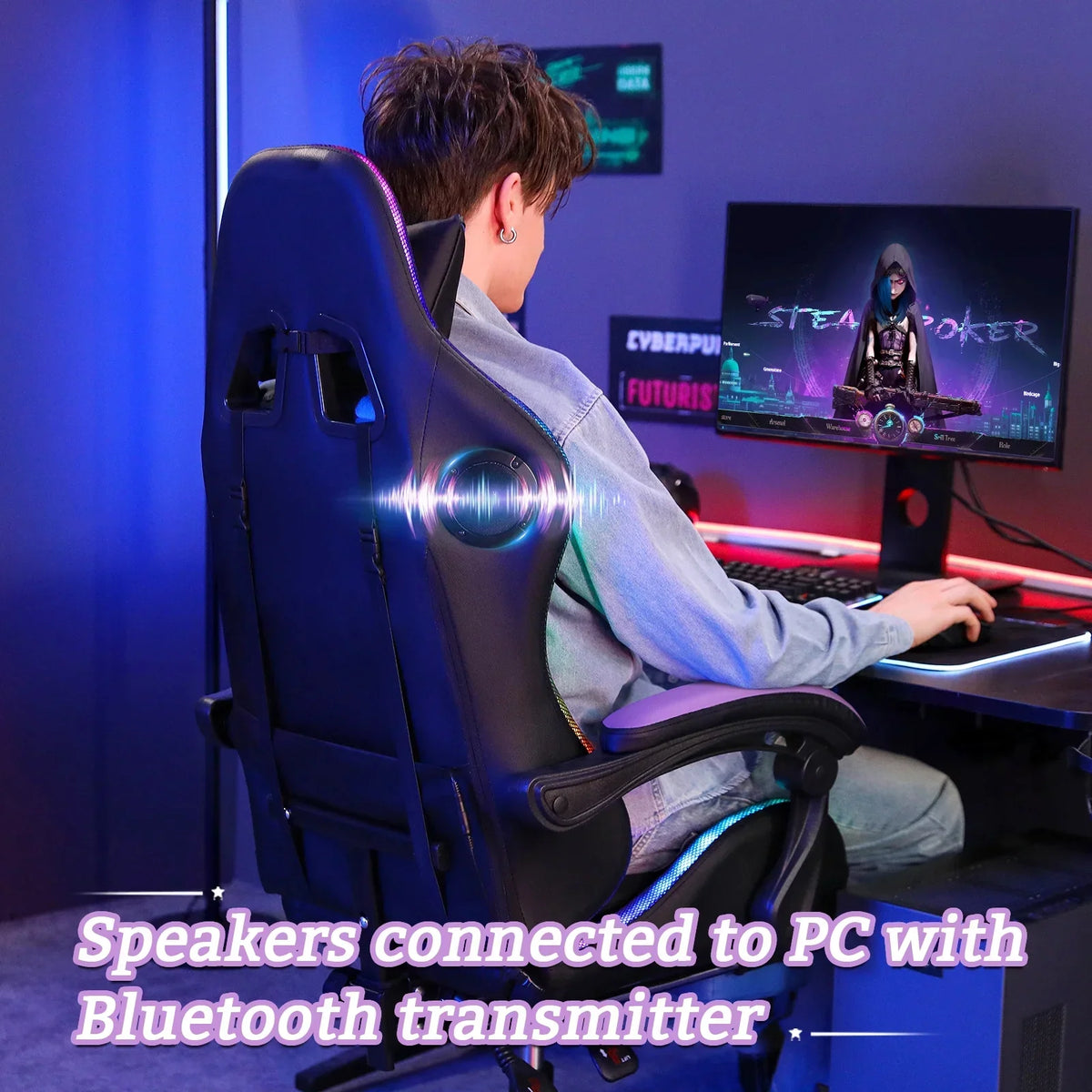 Nouveauté 2026 – Fauteuil de jeu Hoffree avec haut-parleurs intégrés, en cuir PU, repose-pieds et éclairage LED. Fauteuil ergonomique pour gamer avec massage, soutien lombaire et appui-tête pivotant et réglable. Idéal pour le télétravail et le bureau