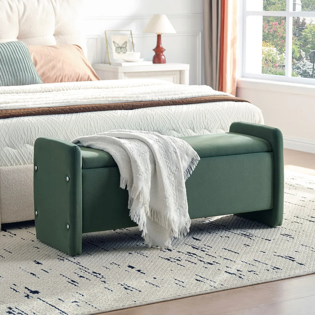 Nouveauté 2026 – Banc coffre Pinmoco de 112 cm (44 po), banc d'entrée rembourré avec rangement, idéal pour la chambre et le salon, en velours côtelé gris