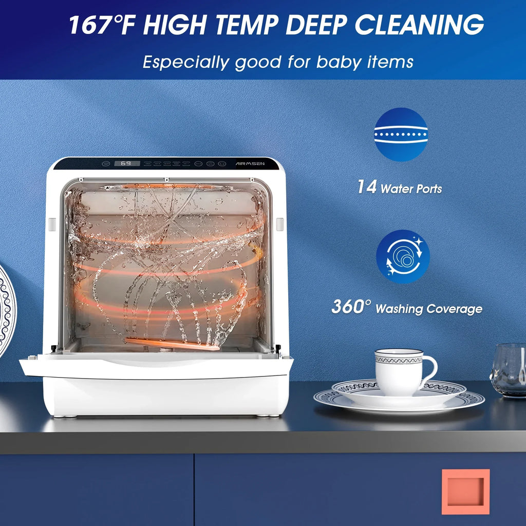 Nouveauté 2026 – Lave-vaisselle portable de comptoir AIRMSEN avec réservoir d'eau intégré de 5 litres et fonction de séchage à l'air, 5 programmes de lavage, mini lave-vaisselle, AE-TDQR03