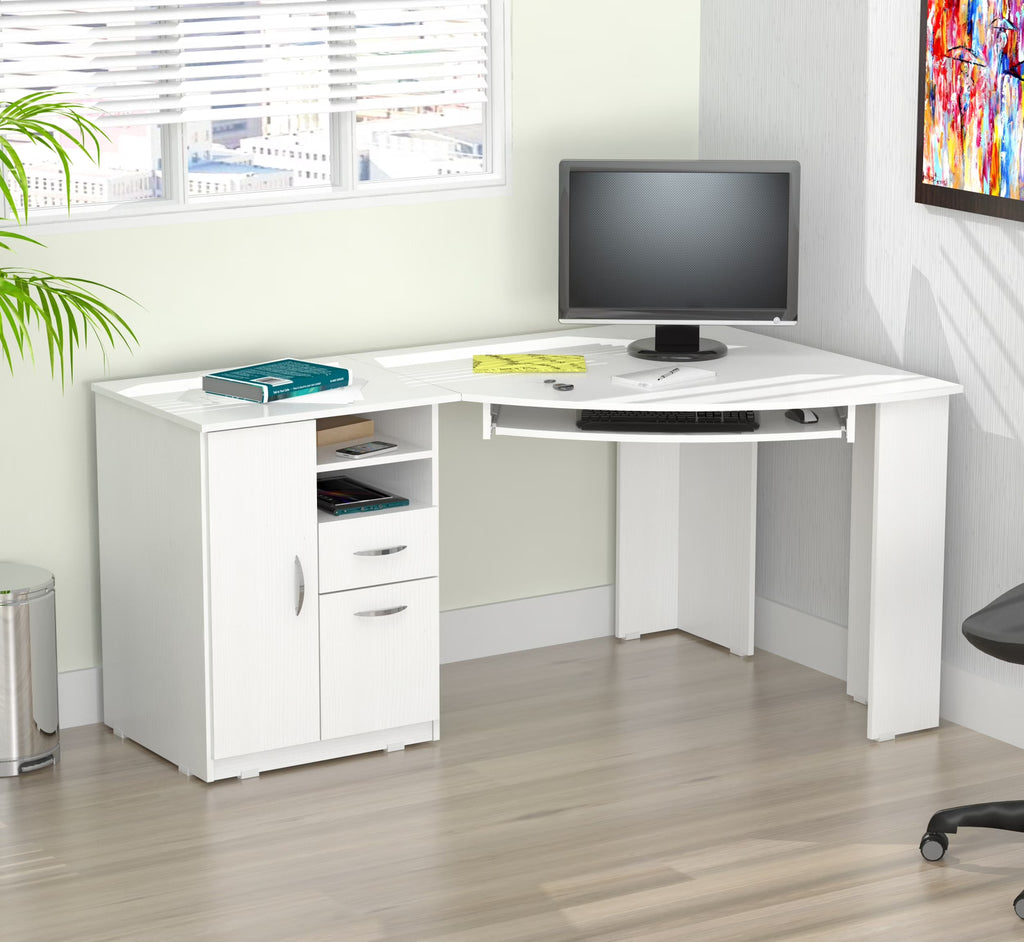 Nouveauté 2026 – Bureau d'angle moderne Inval avec 2 tiroirs et un placard, chêne blanchi