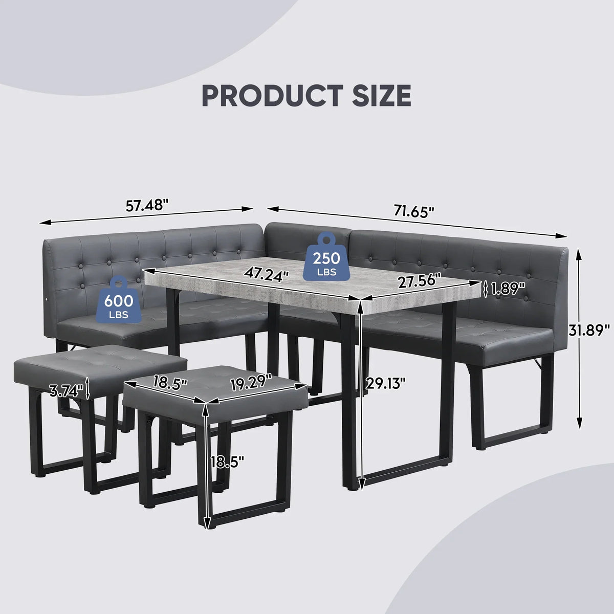 Nouveauté 2026 – Ensemble de salle à manger d'angle 5 pièces Brafab avec table et banc, style moderne, avec banquette rembourrée grise